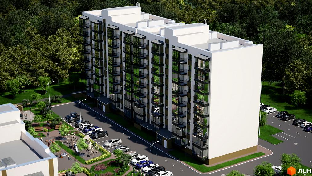 Житловий комплекс Добробуд з сучасним фасадом та балконами. Прибудинкова територія з парковкою та зеленими насадженнями.