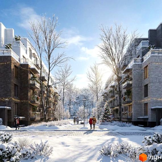 Житловий комплекс FAMILY PARK APARTMENS у зимовому пейзажі. Снігове покриття, дерева та прогулянкова зона з людьми.