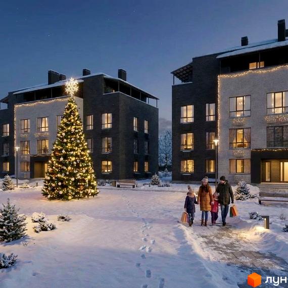 Житловий комплекс FAMILY PARK APARTMENS з зимовим оформленням, прибудинкова територія з ялинкою та сім'єю на прогулянці.