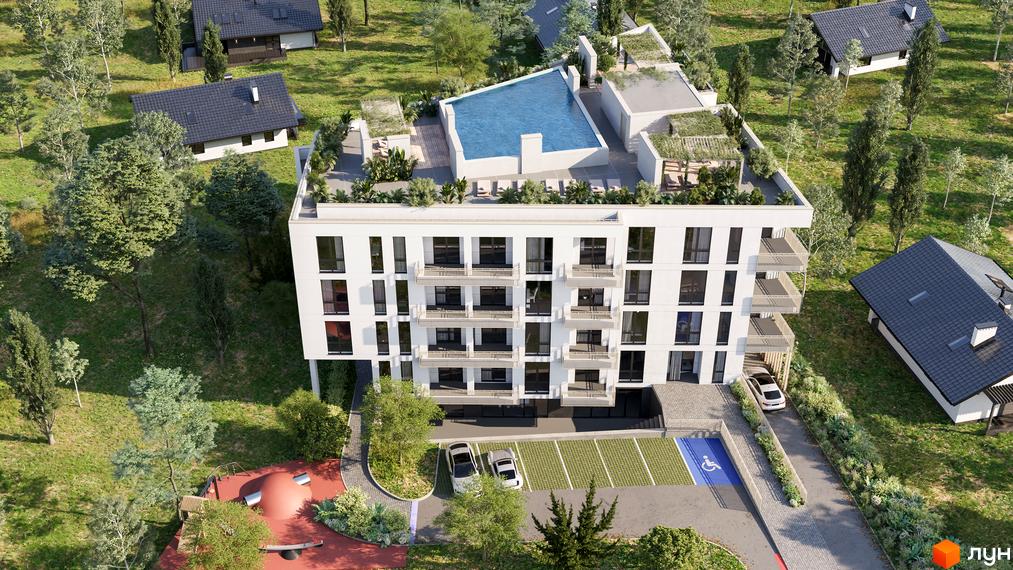 Житловий комплекс на вул. Пасічна з сучасною архітектурою. Прибудинкова територія з зеленими насадженнями та парковкою.