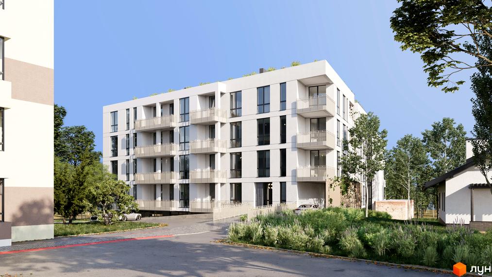 Житловий комплекс на вул. Пасічна з сучасною архітектурою та зеленими насадженнями на прибудинковій території.