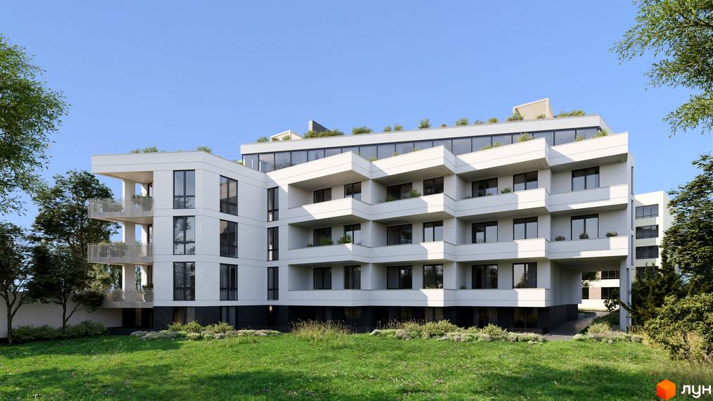 Житловий комплекс на вул. Пасічна з сучасною архітектурою. Прибудинкова територія з зеленими насадженнями та газоном.