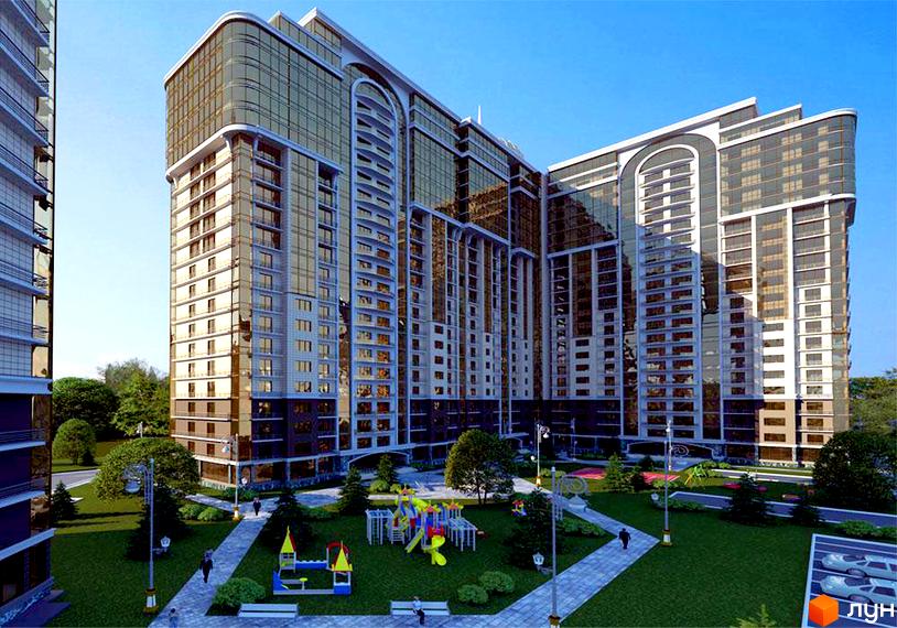 Житловий комплекс Восьма Перлина з високою скляною фасадною частиною та прибудинковою територією з дитячим майданчиком та зеленими насадженнями.