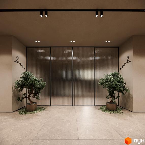 Вхідна зона житлового комплексу ЖК КОРОНА з сучасними елементами декору та зеленими рослинами.