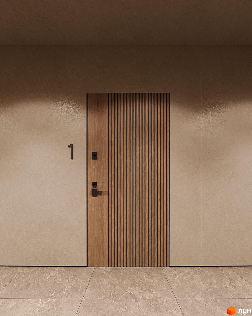 Вхідні двері житлового комплексу ЖК КОРОНА з дерев'яною обробкою. Сучасний хол з плитковою підлогою.