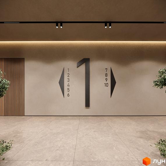 Вхідна зона житлового комплексу ЖК КОРОНА з великим номером поверху та рослинністю. Сучасне оформлення стін та підлоги.