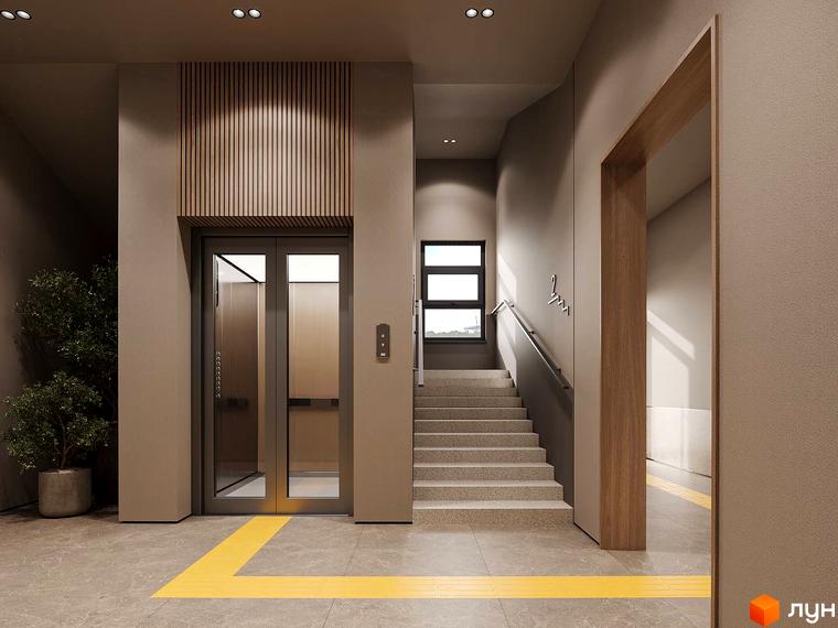 Вхідна зона житлового комплексу ЖК КОРОНА з ліфтом і сходами. Сучасний інтер'єр з освітленням та рослинами.