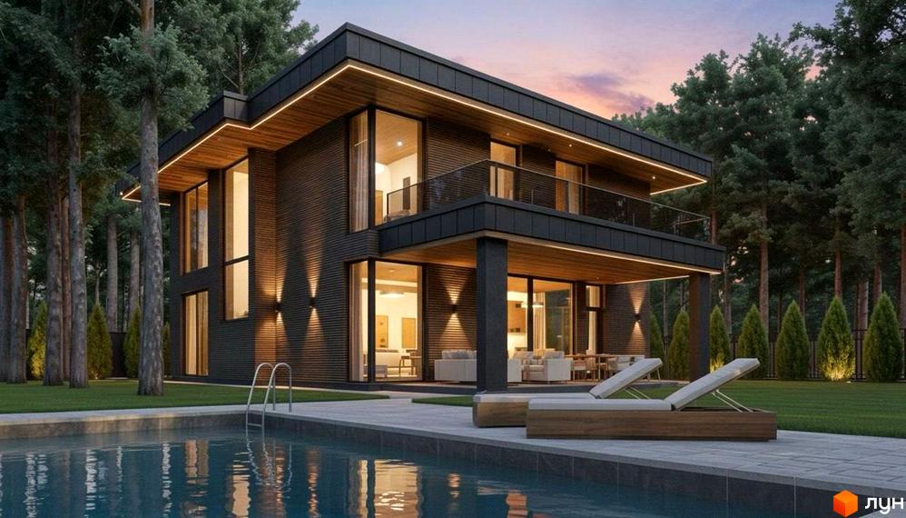 Зовнішній вигляд будинку КМ Нова Ходосівка з великими вікнами та балконом, прибудинкова територія з басейном та зеленими насадженнями.