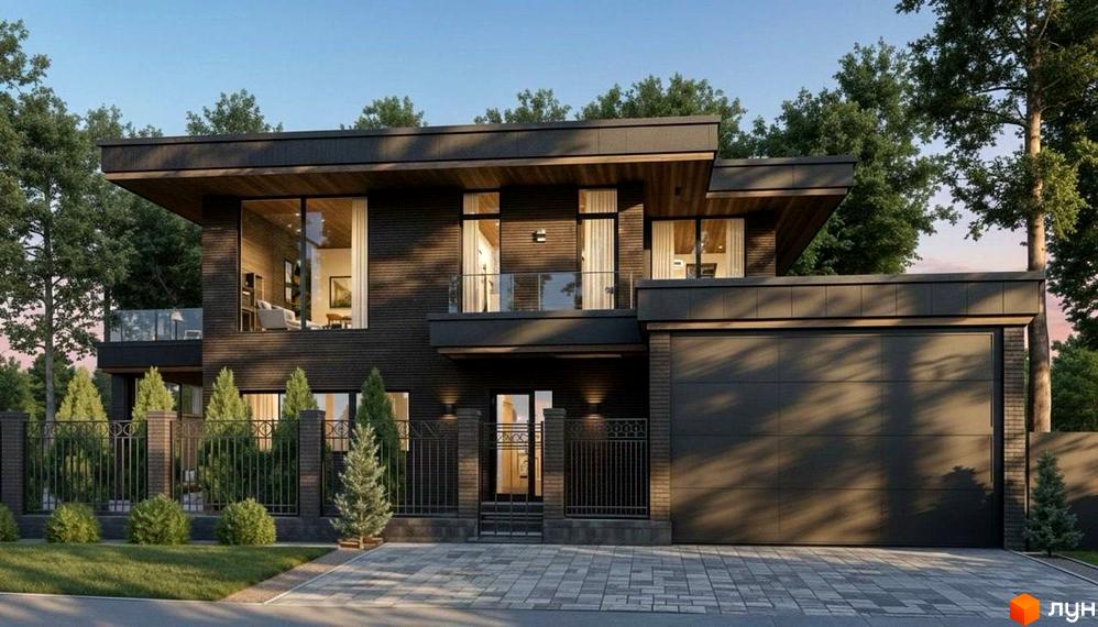 Зовнішній вигляд будинку КМ Нова Ходосівка з великими вікнами та балконом. Прибудинкова територія озеленена хвойними деревами та газоном.