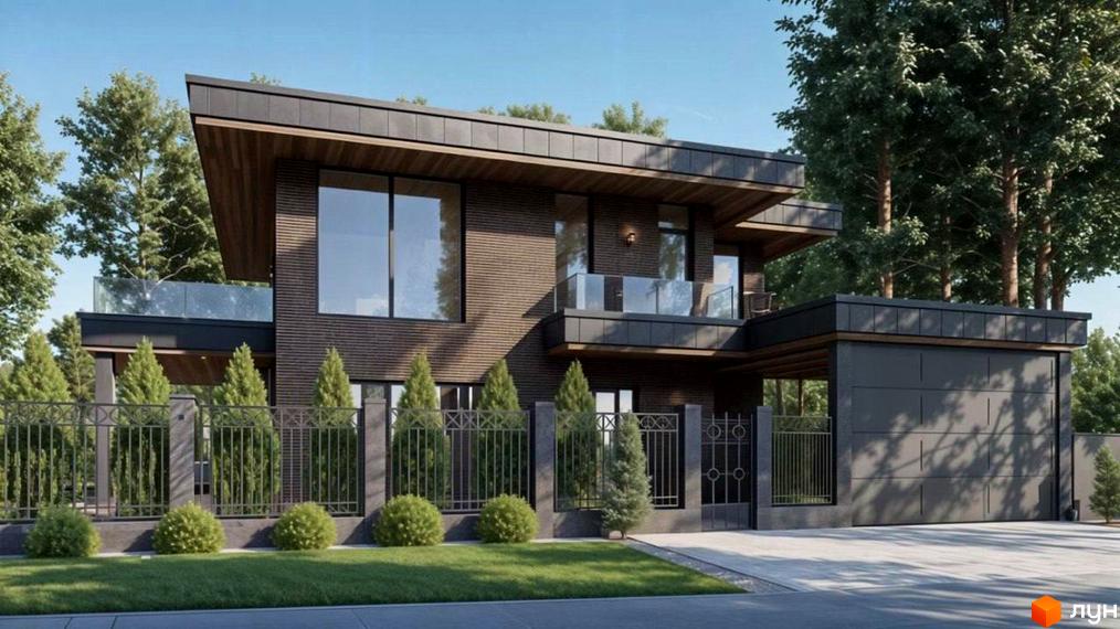 Зовнішній вигляд будинку КМ Нова Ходосівка з великими вікнами та терасою. Прибудинкова територія з зеленими насадженнями та огорожею.