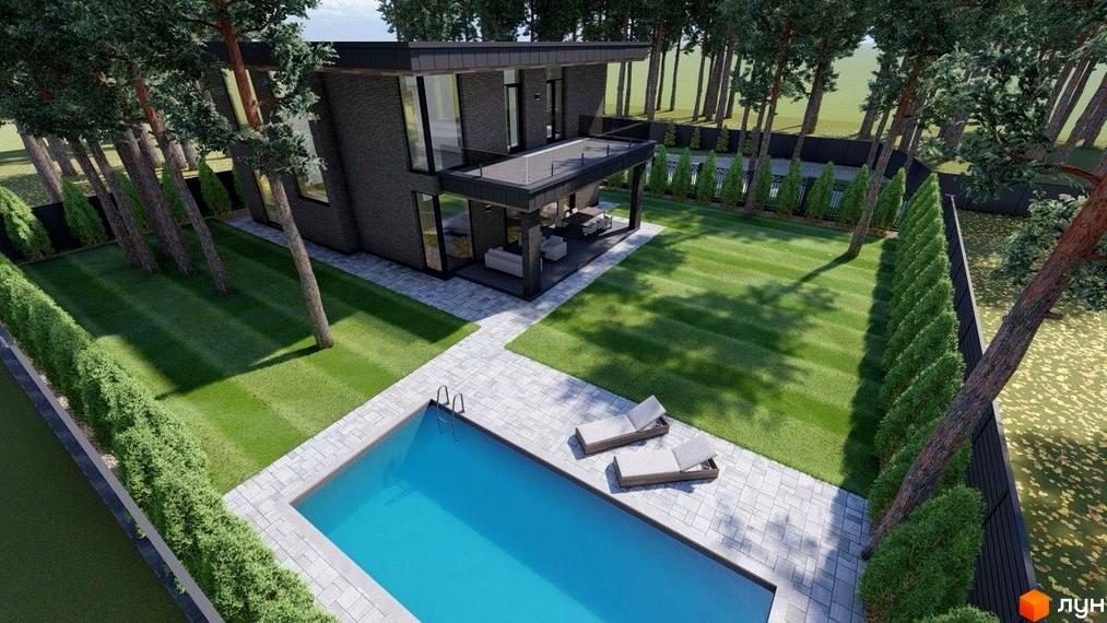 Сучасний котеджний комплекс КМ Нова Ходосівка з басейном та зеленими насадженнями на прибудинковій території.