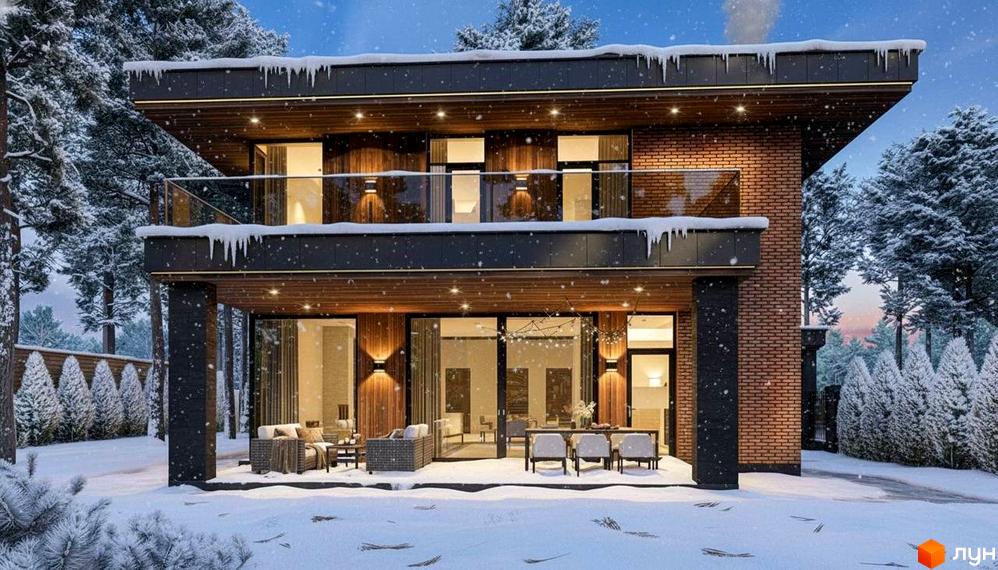 Зовнішній вигляд будинку КМ Нова Ходосівка з балконом, оточеного снігом та зеленими насадженнями на прибудинковій території.