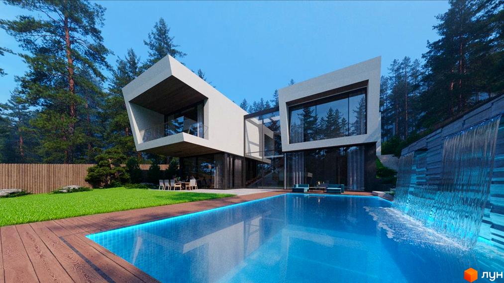 Сучасний будинок житлового комплексу КМ Нова Ходосівка з великими вікнами та прибудинковою територією з басейном і зеленим газоном.