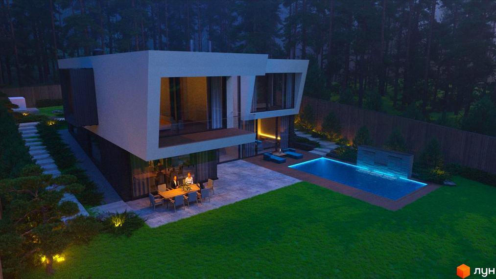 Сучасний будинок з великими вікнами та прибудинковою територією, де розташовані зона відпочинку та басейн.