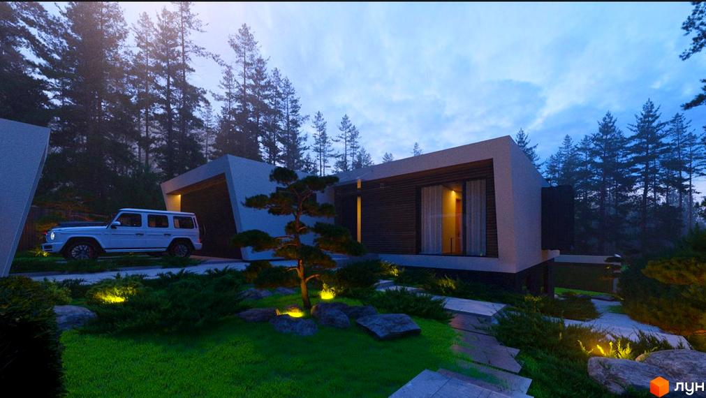 Зовнішній вигляд котеджного комплексу КМ Нова Ходосівка з сучасним дизайном. Прибудинкова територія з зеленими насадженнями та освітленням.