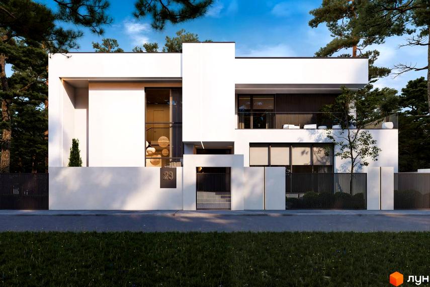 Сучасний будинок житлового комплексу КМ Нова Ходосівка з великими вікнами та прибудинковою територією, оточений зеленню.