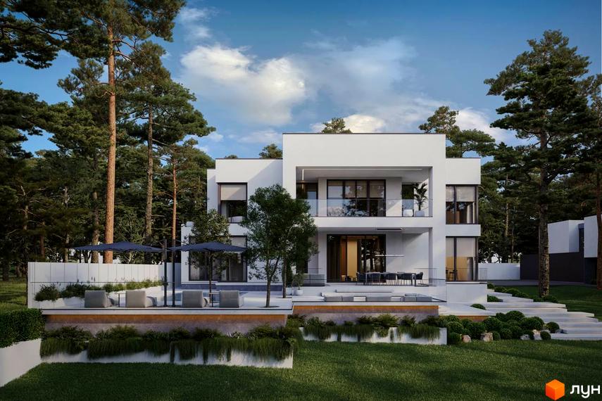 Зовнішній вигляд будинку житлового комплексу КМ Нова Ходосівка з прибудинковою територією та зеленими насадженнями.