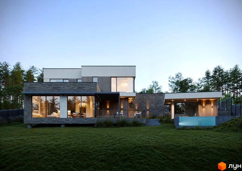 Зовнішній вигляд будинку житлового комплексу КМ Нова Ходосівка з великими вікнами та прибудинковою територією з газоном.