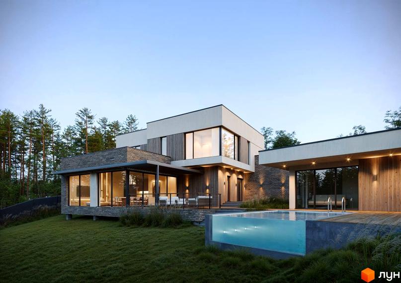 Зовнішній вигляд котеджного містечка КМ Нова Ходосівка з сучасним будинком та прибудинковою територією з басейном.