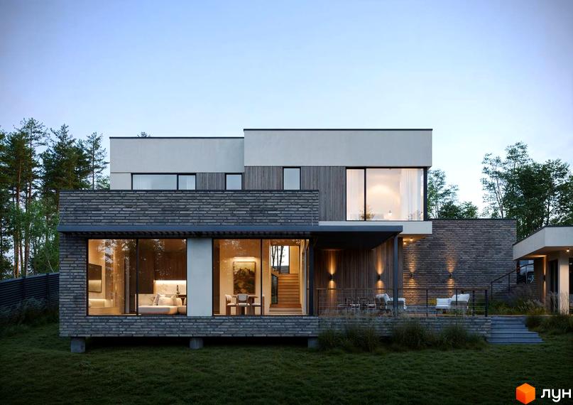 Сучасний котеджний комплекс КМ Нова Ходосівка з великими вікнами та прибудинковою територією, озелененою газоном.