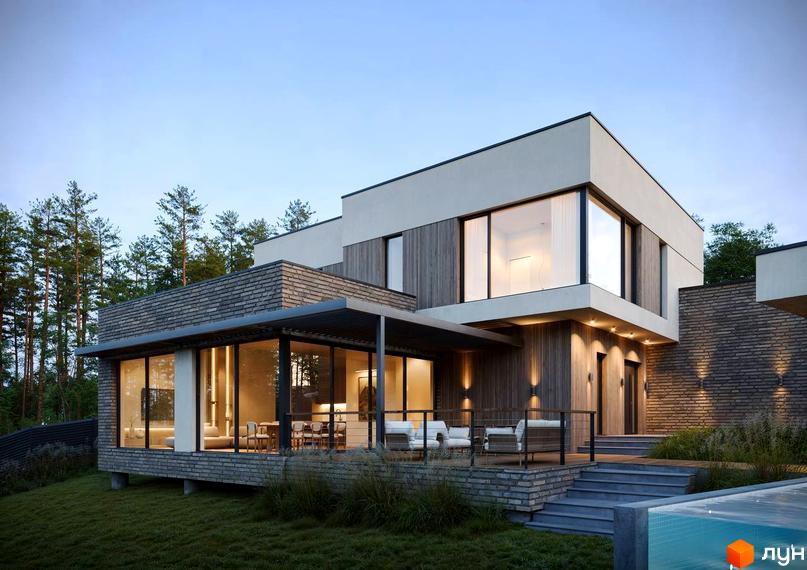 Сучасний котеджний комплекс КМ Нова Ходосівка з великими вікнами та прибудинковою територією, оточений зеленню.