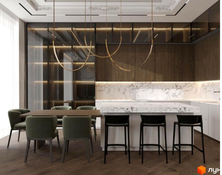 Сучасна кухня з обідньою зоною в житловому комплексі КМ Нова Ходосівка, оформлена в нейтральних тонах.