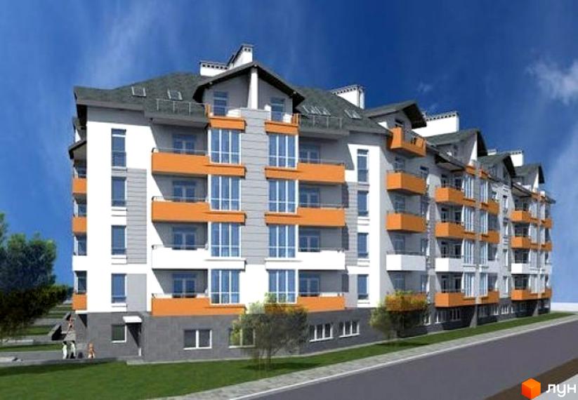 Житловий комплекс Сонячний майдан: багатоповерховий будинок з білим фасадом, помаранчевими балконами та великими вікнами. Перед будинком дорога та зелені насадження.