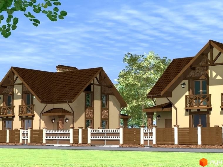 Будинки котеджного містечка Sweet Home з коричневими дахами та світлими фасадами, доповнені дерев'яними балконами. Передмістя має паркан та зелений газон.