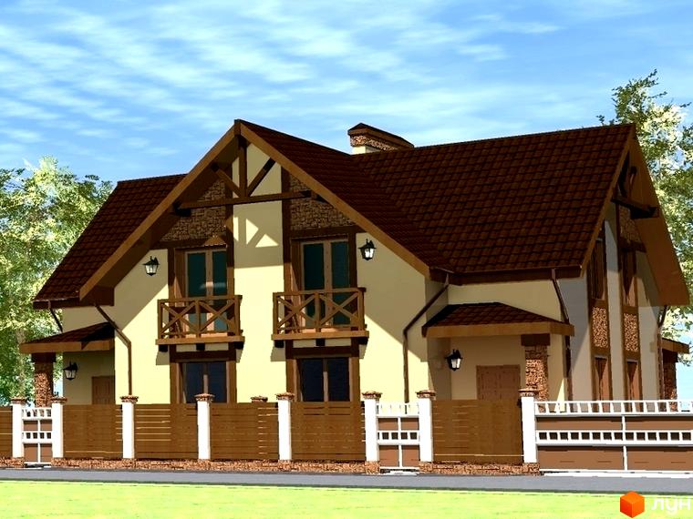 Двоповерховий будинок Котеджного містечка Sweet Home з коричневим дахом, світлими стінами та дерев'яними балконами. Огороджена територія з дерев'яним парканом та зеленим газоном.