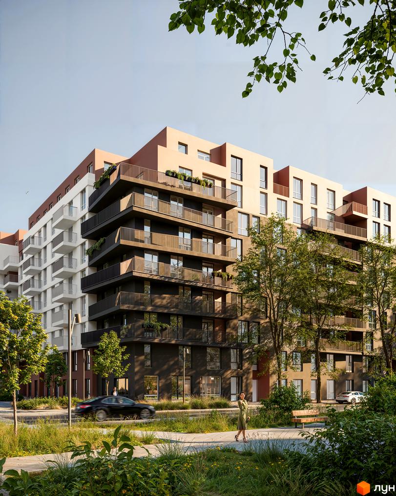 Житловий комплекс Стрий з сучасними фасадами та зеленими насадженнями на прибудинковій території.