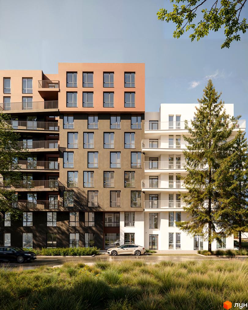 Зовнішній вигляд житлового комплексу ЖК Стрий з балконами та великими вікнами. Прибудинкова територія з зеленими насадженнями та автомобілем.