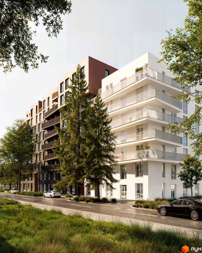 Житловий комплекс ЖК Стрий з сучасними будинками, зеленими насадженнями та облаштованою прибудинковою територією.