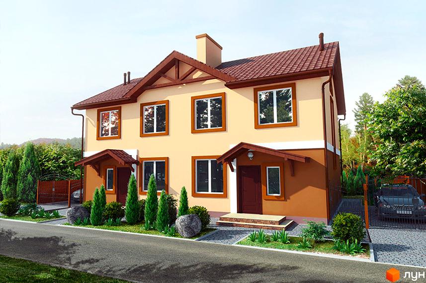 Двоповерховий котедж Котеджного містечка Sweet Home бежевого кольору з коричневим дахом та вікнами. Перед будинком доглянута прибудинкова територія з зеленими насадженнями.