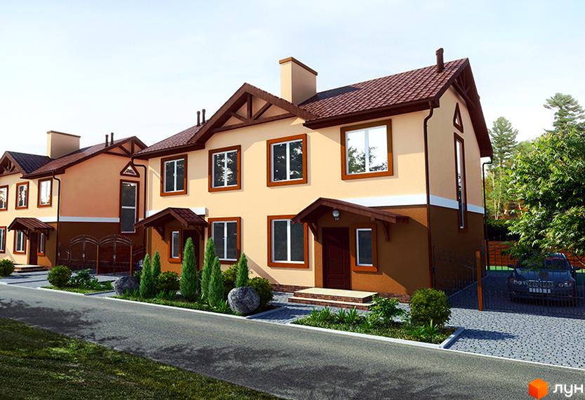 Котеджне містечко Sweet Home: фасади будинків бежево-коричневого кольору, коричневі дахи та вікна. Перед будинками дорога, озеленення та вимощена парковка з автомобілем.