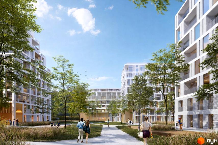 Новобудова на вул. Амосова, 9 з білими фасадами та балконами, оточена зеленим ландшафтом та місцями для відпочинку.