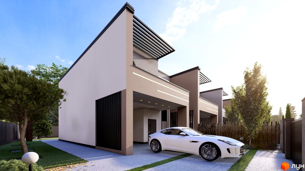 Сучасні таунхауси Svoie Birky з прибудинковою територією та автомобілем на парковці.