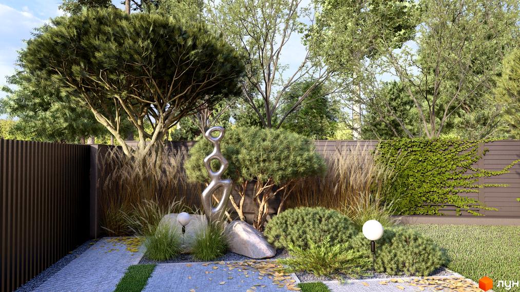 Сучасний ландшафт житлового комплексу Таунхауси Svoie Birky з декоративними рослинами та скульптурою на прибудинковій території.