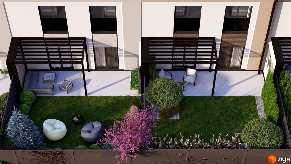 Зовнішній вигляд таунхаусів Svoie Birky з прибудинковою територією, облаштованою газоном та зонами для відпочинку.