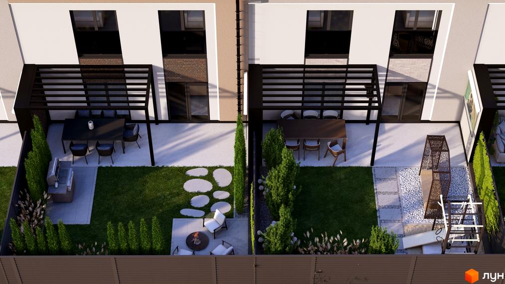 Зовнішній вигляд та прибудинкова територія Таунхаусів Svoie Birky з зонами для відпочинку та зеленими насадженнями.