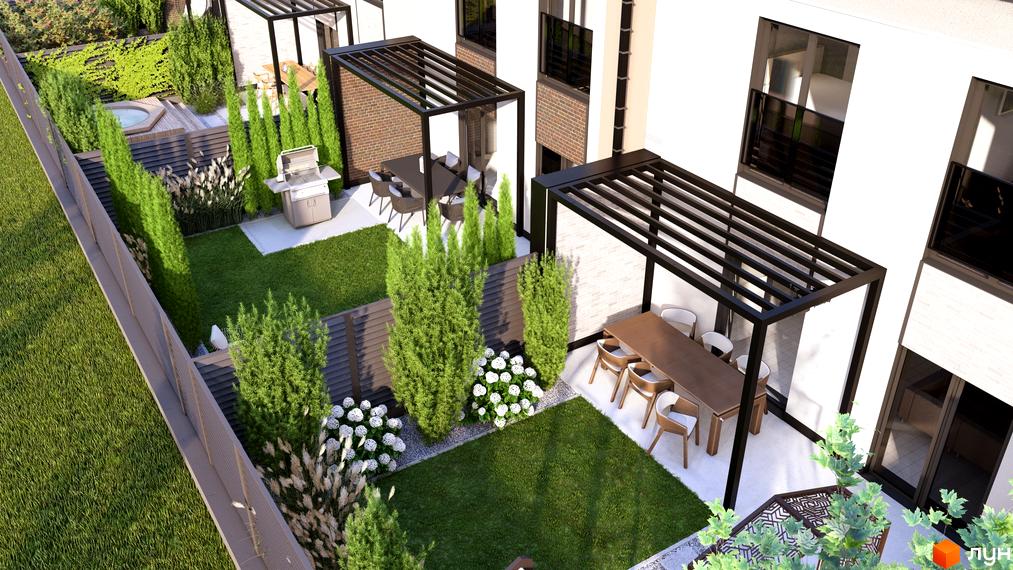 Сучасні таунхауси Svoie Birky з прибудинковою територією, озелененням та зоною для відпочинку.