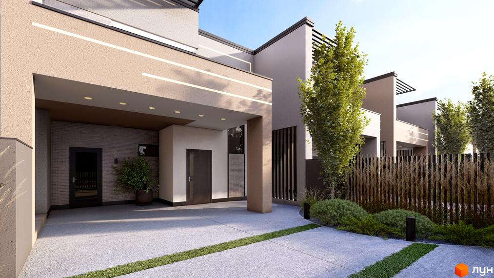 Зовнішній вигляд таунхаусів Svoie Birky з прибудинковою територією, озелененням та сучасним дизайном.