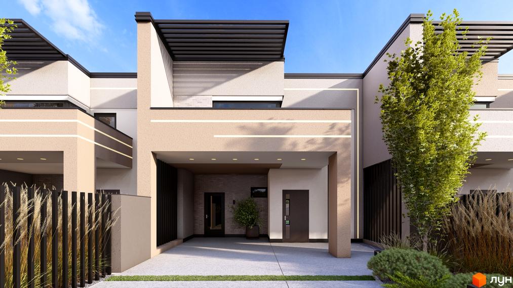 Вигляд будинку житлового комплексу Таунхауси Svoie Birky з прибудинковою територією та зеленими насадженнями.