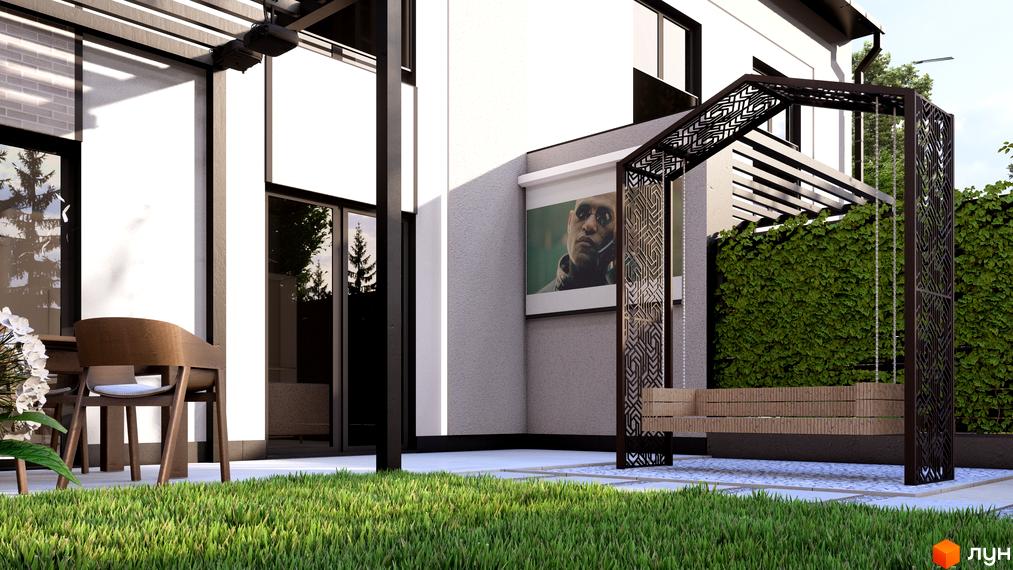 Сучасний будинок житлового комплексу Таунхауси Svoie Birky з прибудинковою територією і зоною для відпочинку.