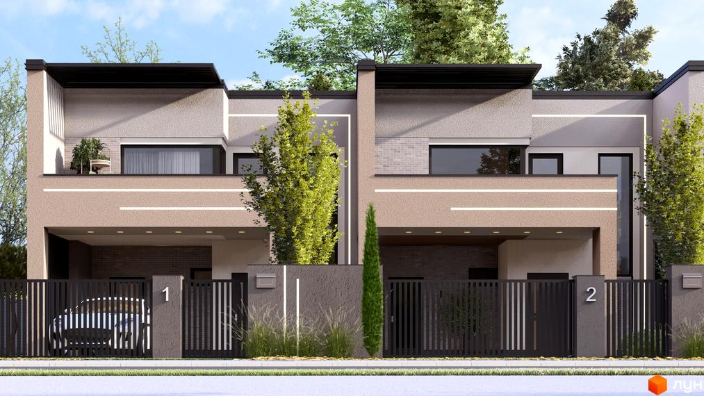 Фасад таунхаусів Svoie Birky з сучасними елементами. Прибудинкова територія з зеленими насадженнями та огорожею.