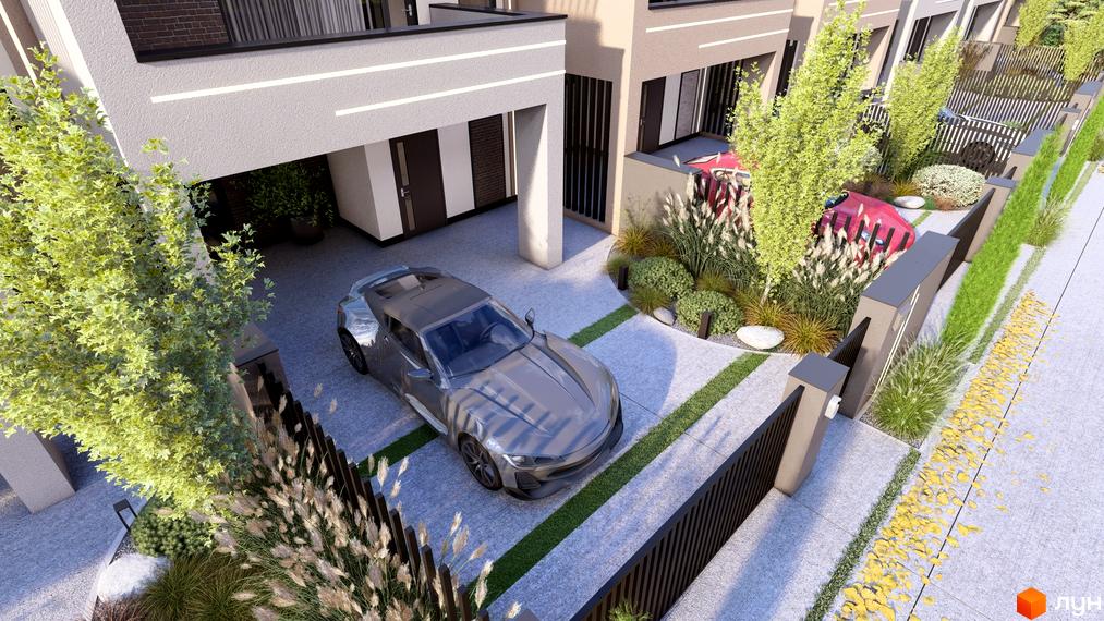 Зовнішній вигляд Таунхаусів Svoie Birky з автомобілем на прибудинковій території та зеленими насадженнями.