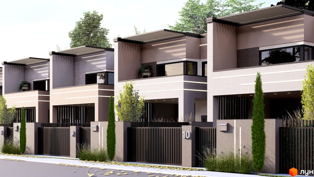 Житловий комплекс Таунхауси Svoie Birky, фасад будинків з великими вікнами та прибудинковою територією з зеленими насадженнями.