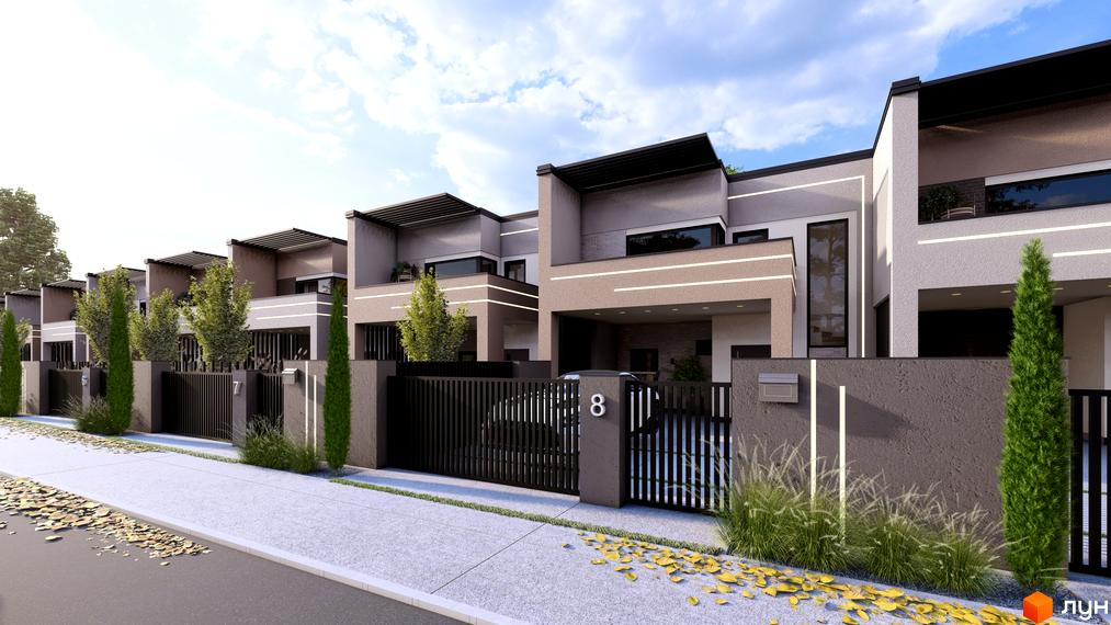 Зовнішній вигляд таунхаусів Svoie Birky з прибудинковою територією та зеленими насадженнями.