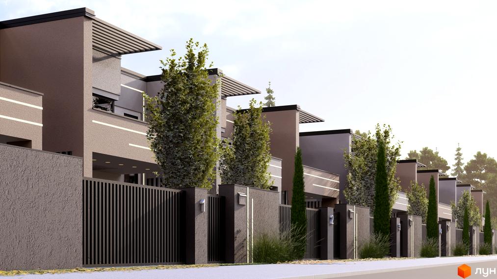 Зовнішній вигляд таунхаусів Svoie Birky з прибудинковою територією, озелененням та огорожами.