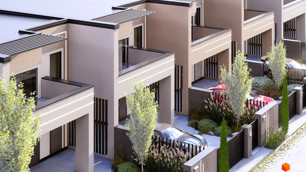 Зовнішній вигляд таунхаусів Svoie Birky з балконами та прибудинковою територією, озелененою деревами та кущами.