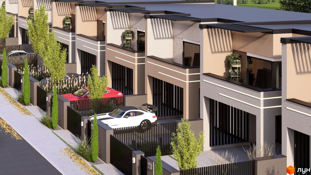 Сучасні таунхауси Svoie Birky з прибудинковою територією та автомобілями на парковці. Зелені насадження доповнюють архітектурний вигляд.